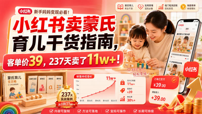 小红书卖蒙氏育儿干货指南，客单价39，237天卖了11w+！武野创库-网创项目资源站-副业项目-创业项目-搞钱项目野创库