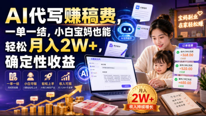 AI代写賺稿费，一单一结，小白宝妈也能轻松月入2W+，确定性收益【揭秘】武野创库-网创项目资源站-副业项目-创业项目-搞钱项目野创库