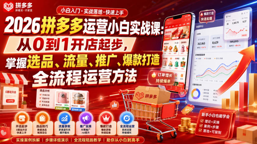 2026拼多多运营小白实战课：从0到1开店起步，掌握选品、流量、推广、爆款打造全流程运营方法武野创库-网创项目资源站-副业项目-创业项目-搞钱项目野创库