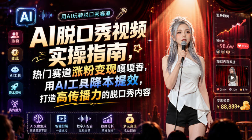 AI脱口秀视频实操指南，热门赛道涨粉变现嘎嘎香，用AI工具降本提效，打造高传播力的脱口秀内容武野创库-网创项目资源站-副业项目-创业项目-搞钱项目野创库