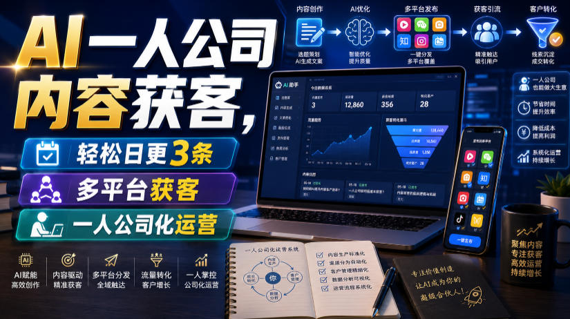 AI一人公司内容获客，轻松日更3条，多平台获客，一人公司化运营武野创库-网创项目资源站-副业项目-创业项目-搞钱项目野创库