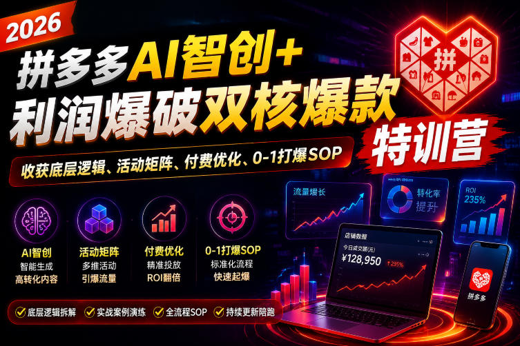 2026拼多多AI智创+利润爆破双核爆款特训营，收获底层逻辑、活动矩阵、付费优化、0-1打爆SOP武野创库-网创项目资源站-副业项目-创业项目-搞钱项目野创库