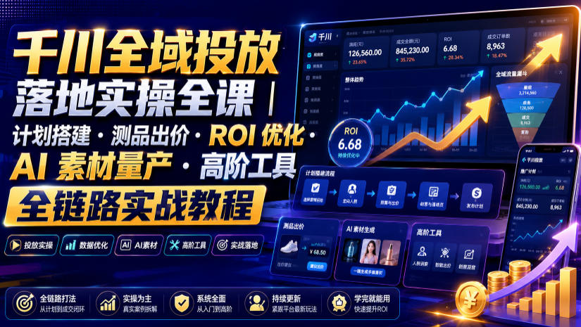 千川全域投放落地实操全课｜计划搭建・测品出价・ROI优化・AI素材量产・高阶工具全链路实战教程武野创库-网创项目资源站-副业项目-创业项目-搞钱项目野创库