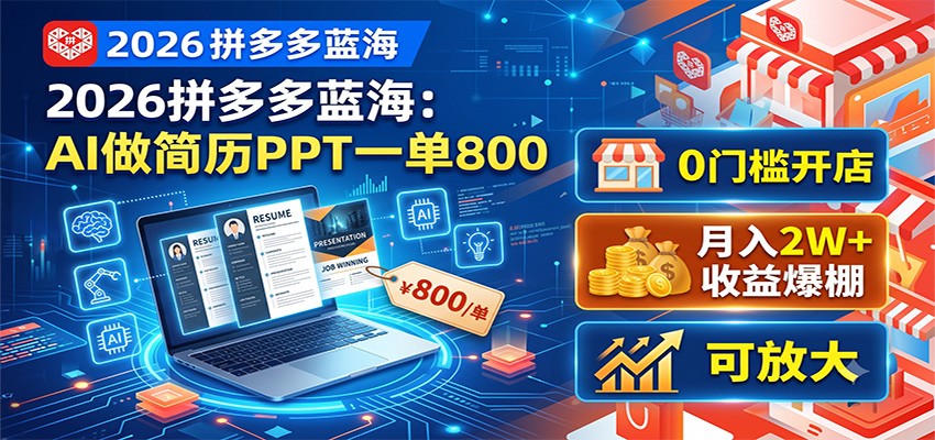 2026拼多多蓝海：AI做简历PPT一单800，0门槛开店，月入2W+，可放大武野创库-网创项目资源站-副业项目-创业项目-搞钱项目野创库