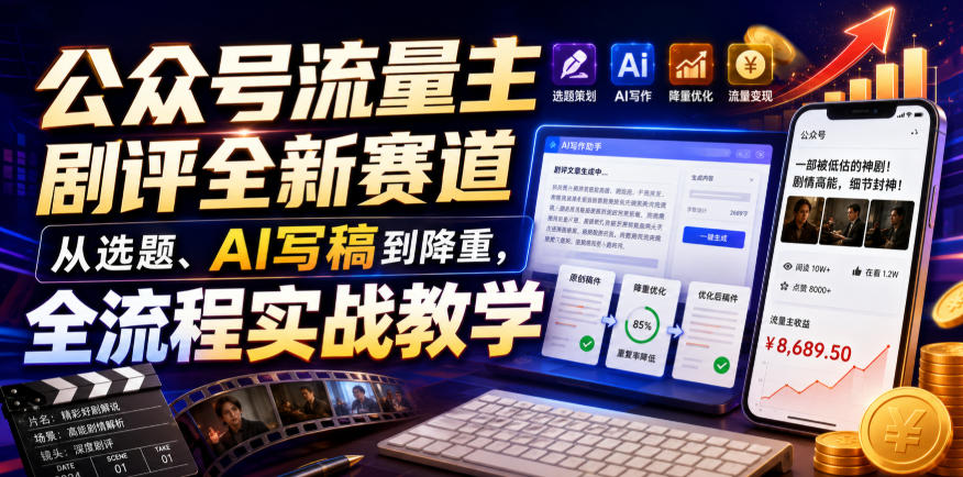 公众号流量主剧评全新赛道，从选题、AI写稿到降重，全流程实战教学武野创库-网创项目资源站-副业项目-创业项目-搞钱项目野创库