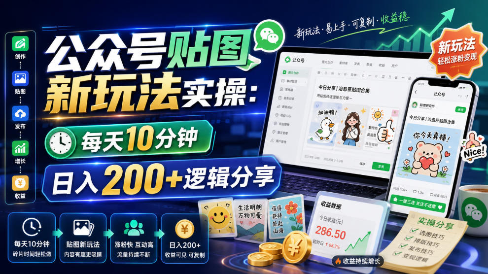 公众号贴图新玩法实操，每天10分钟，日入200+逻辑分享武野创库-网创项目资源站-副业项目-创业项目-搞钱项目野创库
