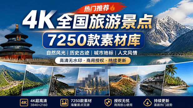 热门全国旅游风景素材！4K全国旅游景点素材库，7250款素材，旅行达人城市航拍风景风光高清短视频武野创库-网创项目资源站-副业项目-创业项目-搞钱项目野创库
