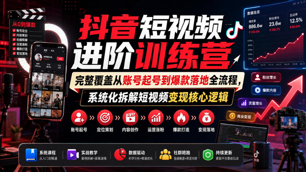 抖音短视频进阶训练营，完整覆盖从账号起号到爆款落地全流程，系统化拆解短视频变现核心逻辑武野创库-网创项目资源站-副业项目-创业项目-搞钱项目野创库
