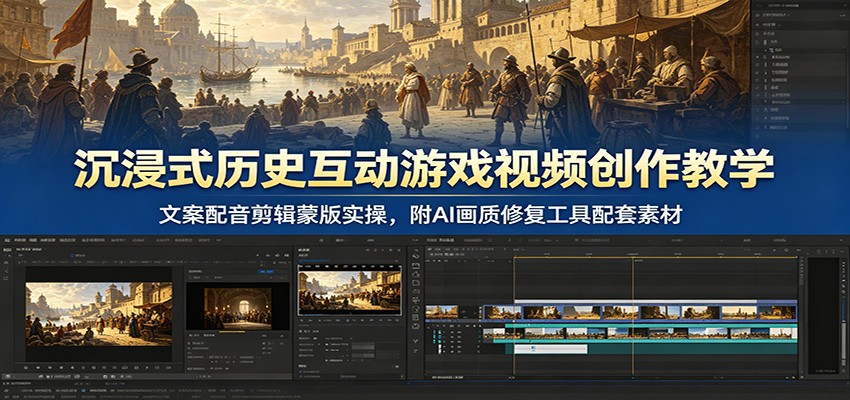 沉浸式历史互动游戏视频创作教学：文案配音剪辑蒙版实操，附AI画质修复工具配套素材武野创库-网创项目资源站-副业项目-创业项目-搞钱项目野创库
