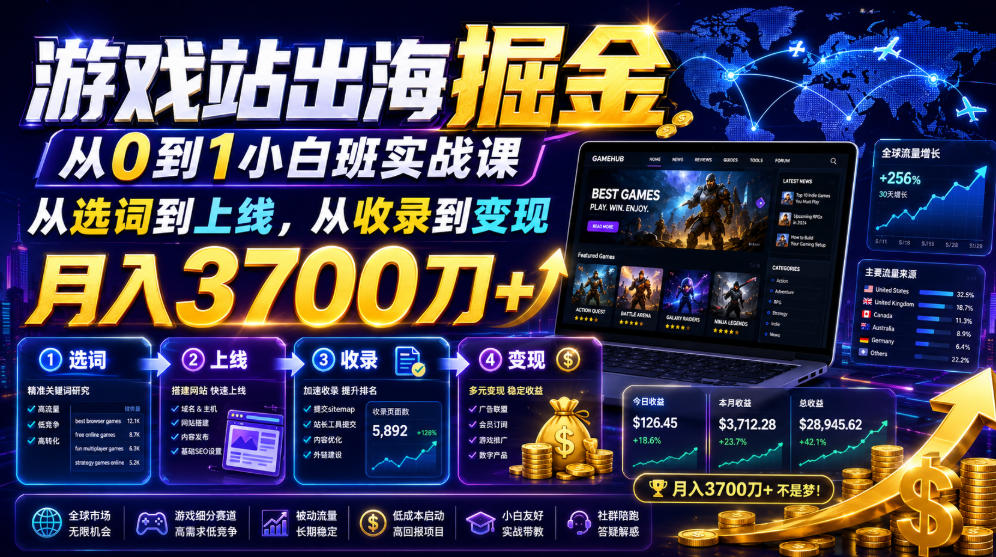 游戏站出海掘金从0到1小白实战课，从选词到上线，从收录到变现，月入3700刀+武野创库-网创项目资源站-副业项目-创业项目-搞钱项目野创库